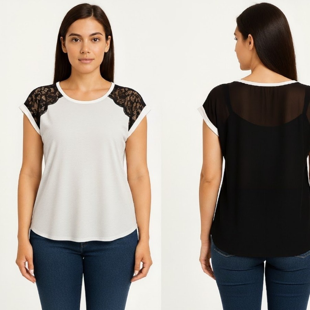 Forever 21 Shirt Cap Sleeve White Black Lace Sheer Back Modern Chic Trendy Small